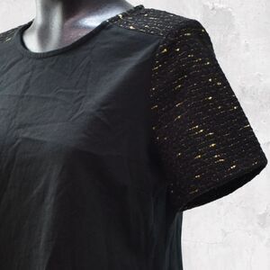 J Crew Black Knit Top Gold Metallic Trim Women's Small Back Zip Short Sleeve